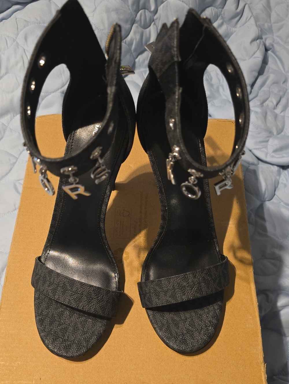 Michael Kors Black Ankle-Strap Heeled Sandals with Letter Charms